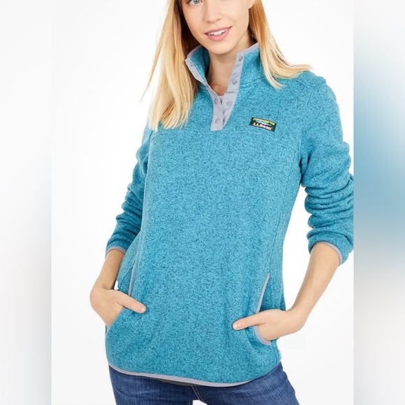 L.L.Bean Women's Sweater Snap Fleece Pullover Caribbean Blue Size Medium NWOT - Picture 1 of 6